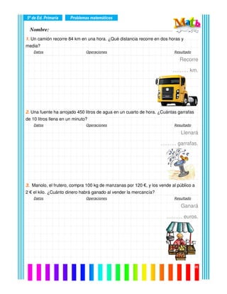 Nombre: ………………………………………………………………………………………….………………….
5º de Ed. Primaria
05
1. Un camión recorre 84 km en una hora. ¿Qué distancia recorre en dos horas y
media?
Datos Operaciones Resultado
Recorre
……… km.
2. Una fuente ha arrojado 450 litros de agua en un cuarto de hora. ¿Cuántas garrafas
de 10 litros llena en un minuto?
Datos Operaciones Resultado
Llenará
……… garrafas.
3. Manolo, el frutero, compra 100 kg de manzanas por 120 €, y los vende al público a
2 € el kilo. ¿Cuánto dinero habrá ganado al vender la mercancía?
Datos Operaciones Resultado
Ganará
……… euros.
Problemas matemáticos
 