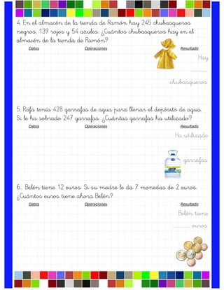 4. En el almacén de la tienda de Ramón hay 245 chubasqueros
negros, 139 rojos y 54 azules. ¿Cuántos chubasqueros hay en el
almacén de la tienda de Ramón?
Datos Operaciones Resultado
Hay
….…………….
chubasqueros.
5. Rafa tenía 428 garrafas de agua para llenar el depósito de agua.
Si le ha sobrado 247 garrafas. ¿Cuántas garrafas ha utilizado?
Datos Operaciones Resultado
Ha utilizado
….…………….
garrafas.
6. Belén tiene 12 euros. Si su madre le da 7 monedas de 2 euros.
¿Cuántos euros tiene ahora Belén?
Datos Operaciones Resultado
Belén tiene
….……………. euros.
 