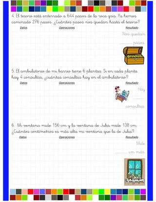 4. El tesoro está enterrado a 644 pasos de la roca gris. Ya hemos
caminado 276 pasos. ¿Cuántos pasos nos quedan hasta el tesoro?
Datos Operaciones Resultado
Nos quedan
….……………. pasos.
5. El ambulatorio de mi barrio tiene 6 plantas. Si en cada planta
hay 4 consultas, ¿cuántas consultas hay en el ambulatorio?
Datos Operaciones Resultado
Hay
….…………….
consultas.
6. Mi ventana mide 156 cm y la ventana de Julia mide 138 cm.
¿Cuántos centímetros es más alta mi ventana que la de Julia?
Datos Operaciones Resultado
Mide
….……………. cm más.
 