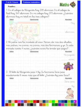 1. En el colegio de Margarita hay 228 alumnos. En el colegio de
Raúl hay 347 alumnos. En mi colegio hay 273 alumnos. ¿Cuántos
alumnos hay en total en los tres colegios?
Datos Operaciones Resultado
Hay
….…………….
alumnos.
2. Mi padre nos ha invitado al circo. Hemos ido mis dos abuelos,
mis padres, mi primo, mi prima, mis dos hermanos y yo. Si cada
entrada cuesta 4 euros, ¿cuántos euros ha tenido que pagar?
Datos Operaciones Resultado
Ha pagado
….……………. euros.
3. El bebé de Margarita pesa 4 kg. Su hermana Sara pesa
exactamente 6 veces más que el bebé. ¿Cuántos kg pesa Sara?
Datos Operaciones Resultado
Sara pesa
….……………. kg.
Nombre: ………………………………………………………………………………….………………………….
2º de Ed. Primaria
09
Problemas matemáticos
 