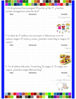 4. En la yincana Eva consiguió 48 puntos y Edu 51. ¿Cuántos
puntos consiguieron entre los dos?
Datos Operaciones Resultado
Consiguieron
….……………. puntos.
5. La clase de 2º realiza una excursión a Salamanca, si en el
autocar viajan 45 niños y niñas. ¿Cuántos niños hay si viajan 24
niñas?
Datos Operaciones Resultado
Viajan
……………. niños.
6. En el rebaño del señor Tomás hay 35 ovejas. Si 15 ovejas son
negras. ¿Cuántas ovejas blancas hay?
Datos Operaciones Resultado
Hay
.……………. ovejas blancas.
 