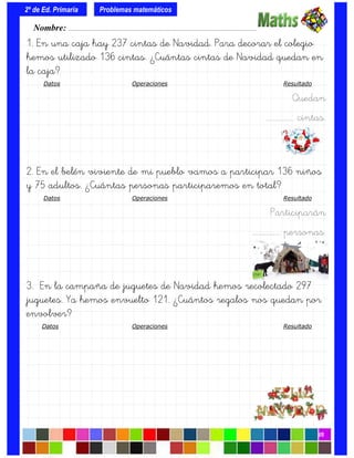 1. En una caja hay 237 cintas de Navidad. Para decorar el colegio
hemos utilizado 136 cintas. ¿Cuántas cintas de Navidad quedan en
la caja?
Datos Operaciones Resultado
Quedan
….……………. cintas.
2. En el belén viviente de mi pueblo vamos a participar 136 niños
y 75 adultos. ¿Cuántas personas participaremos en total?
Datos Operaciones Resultado
Participarán
….……………. personas.
3. En la campaña de juguetes de Navidad hemos recolectado 297
juguetes. Ya hemos envuelto 121. ¿Cuántos regalos nos quedan por
envolver?
Datos Operaciones Resultado
Nombre: ………………………………………………………………………………….………………………….
2º de Ed. Primaria
05
Problemas matemáticos
 