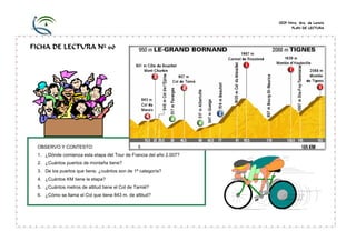 CEIP Ntra. Sra. de Loreto
PLAN DE LECTURA
FICHA DE LECTURA Nº 60
OBSERVO Y CONTESTO:
1. ¿Dónde comienza esta etapa del Tour de Francia del año 2.007?
2. ¿Cuántos puertos de montaña tiene?
3. De los puertos que tiene, ¿cuántos son de 1ª categoría?
4. ¿Cuántos KM tiene la etapa?
5. ¿Cuántos metros de altitud tiene el Col de Tamié?
6. ¿Cómo se llama el Col que tiene 843 m. de altitud?
 