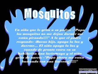 Un niño que le grita a su padre: -"Papa
los mosquitos no me dejan dormir me
están picando!!!!" A lo que el padre
responde: -Bueno hijo, apaga la luz y
duerme... El niño apaga la luz y
cuando de pronto entra en su
habitación una luciernaga y el niño
grita de nuevo: -"Papá ahora me están
buscando con una linterna!!!!!!"
 