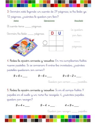 Le quedan
por leer
____
páginas.
3.3.3.3. Germán está leyendo un cuento de 29 páginas; si ha leído ya
12 páginas, ¿cuántas le quedan por leer?
Datos Operaciones Resultado
El cuento tiene ____ páginas.
Germán ha leído ____ páginas.
4.4.4.4. Rodea la opciRodea la opciRodea la opciRodea la opcióóóón correcta y resuelven correcta y resuelven correcta y resuelven correcta y resuelve: En mi cumpleaños había
nueve pasteles. Si se comieron 6 entre los invitados, ¿cuántos
pasteles quedaron sin comer?
9 + 6 = ___ 9 – 6 = ___ 9 + 6 – 2 = ___
Quedan por comer ____ pasteles.
5.5.5.5. Rodea la opciRodea la opciRodea la opciRodea la opcióóóón correcta y resuelven correcta y resuelven correcta y resuelven correcta y resuelve: Si en el campo había 9
papeles en el suelo y un niño ha recogido 4, ¿cuántos papeles
quedan por recoger?
9 + 4 = ___ 9 – 4 = ___ 4 + 9 = ___
Quedan por recoger ____ papeles.
 