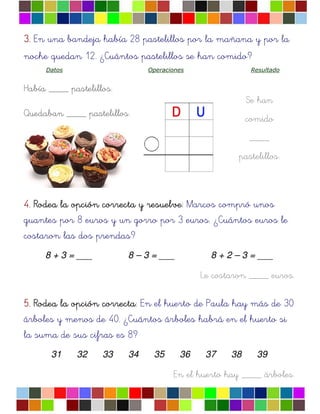 Se han
comido
____
pastelillos.
3.3.3.3. En una bandeja había 28 pastelillos por la mañana y por la
noche quedan 12. ¿Cuántos pastelillos se han comido?
Datos Operaciones Resultado
Había ____ pastelillos.
Quedaban ____ pastelillos.
4.4.4.4. Rodea la opciRodea la opciRodea la opciRodea la opcióóóón correcta y resuelven correcta y resuelven correcta y resuelven correcta y resuelve: Marcos compró unos
guantes por 8 euros y un gorro por 3 euros. ¿Cuántos euros le
costaron las dos prendas?
8 + 3 = ___ 8 – 3 = ___ 8 + 2 – 3 = ___
Le costaron ____ euros.
5.5.5.5. Rodea la opciRodea la opciRodea la opciRodea la opcióóóón correctan correctan correctan correcta: En el huerto de Paula hay más de 30
árboles y menos de 40. ¿Cuántos árboles habrá en el huerto si
la suma de sus cifras es 8?
31 32 33 34 35 36 37 38 39
En el huerto hay ____ árboles.
 