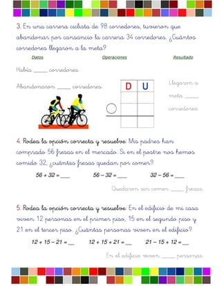 Llegaron a
meta ____
corredores.
3.3.3.3. En una carrera ciclista de 98 corredores, tuvieron que
abandonar por cansancio la carrera 34 corredores. ¿Cuántos
corredores llegaron a la meta?
Datos Operaciones Resultado
Había ____ corredores.
Abandonaron ____ corredores.
4.4.4.4. Rodea la opciRodea la opciRodea la opciRodea la opcióóóón correcta y resuelven correcta y resuelven correcta y resuelven correcta y resuelve: Mis padres han
comprado 56 fresas en el mercado. Si en el postre nos hemos
comido 32, ¿cuántas fresas quedan por comer?
56 + 32 = ___ 56 – 32 = ___ 32 – 56 = ___
Quedaron sin comer ____ fresas.
5.5.5.5. Rodea la opciRodea la opciRodea la opciRodea la opcióóóón correcta y resuelven correcta y resuelven correcta y resuelven correcta y resuelve: En el edificio de mi casa
viven 12 personas en el primer piso, 15 en el segundo piso y
21 en el tercer piso. ¿Cuántas personas viven en el edificio?
12 + 15 – 21 = __ 12 + 15 + 21 = __ 21 – 15 + 12 = __
En el edificio viven ____ personas.
 