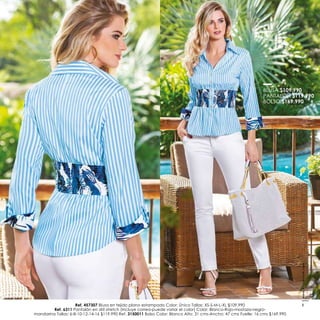 Ref. 457307 Blusa en tejido plano estampado Color: Único Tallas: XS-S-M-L-XL $109.990
Ref. 6311 Pantalón en dril stretch (Incluye correa-puede variar el color) Color: Blanco-Rojo-mostaza-negro-
mandarina Tallas: 6-8-10-12-14-16 $119.990 Ref. 3150011 Bolso Color: Blanco Alto: 31 cms-Ancho: 47 cms Fuelle: 16 cms $169.990
BLUSA $109.990
PANTALÓN $119.990
BOLSO $169.990
www.kritterium.com
3
 