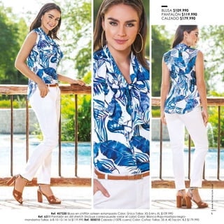 Ref. 457330 Blusa en chiffón sateen estampado Color: Único Tallas: XS-S-M-L-XL $109.990
Ref. 6311 Pantalón en dril stretch (Incluye correa-puede variar el color) Color: Blanco-Rojo-mostaza-negro-
mandarina Tallas: 6-8-10-12-14-16 $119.990 Ref. 305010 Calzado (100% cuero) Color: Coñac Tallas: 35 A 40 Tacón: 8,5 $179.990
BLUSA $109.990
PANTALÓN $119.990
CALZADO $179.990
www.kritterium.com
5
 