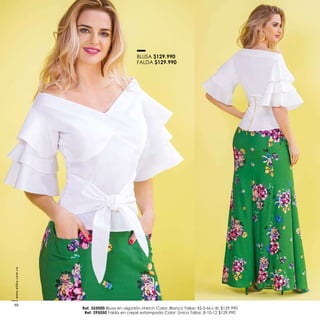 BLUSA $129.990
FALDA $129.990
Ref. 355000 Blusa en algodón stretch Color: Blanco Tallas: XS-S-M-L-XL $129.990
Ref. 395050 Falda en crepé estampada Color: Único Tallas: 8-10-12 $129.990
www.ebba.com.co
30
 