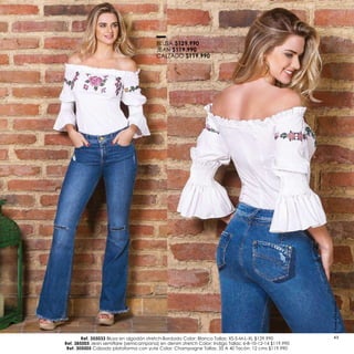 Ref. 355033 Blusa en algodón stretch-Bordado Color: Blanco Tallas: XS-S-M-L-XL $129.990
Ref. 385005
Ref. 305005 Calzado plataforma con yute Color: Champagne Tallas: 35 A 40 Tacón: 12 cms $119.990
BLUSA $129.990
JEAN $119.990
CALZADO $119.990
www.ebba.com.co
43
 