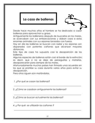 37
Desde hace muchos años el hombre se ha dedicado a cazar
ballenas para aprovechar su grasa.
Antiguamente los balleneros después de buscarlas en los mares,
se acercaban con sus embarcaciones y daban caza a estos
enormes animales con sus arpones lanzados con fuerza.
Hoy en día las ballenas se buscan con radar y los arpones son
disparados con potentes cañones que alcanzan mayores
distancias.
Este tipo de caza ha supuesto casi la desaparición de las
ballenas.
Algunas especies de ballenas están casi al borde de la extinción;
es decir, que si no se deja de perseguirlas y matarlas,
desaparecerán para siempre de los mares.
Afortunadamente muchos países han firmado unos acuerdos en
los que se prohíbe su caza durante varios años para evitar su
desaparición.
Pero otros siguen aún matándolas.
1. ¿Por qué se cazan las ballenas?
2. ¿Cómo se cazaban antiguamente las ballenas?
3. ¿Cómo se buscan actualmente las ballenas?
4. ¿ Por qué- se utilizarán los cañones ?
La caza de ballenas
 