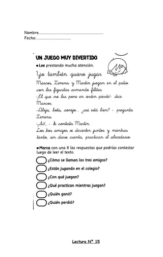 Nombre…………………………………………………………………
Fecha:………………………………….
Lectura Nº 15
 