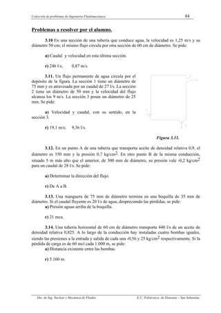 Colección de problemas de Ingeniería Fluidomecánica 84
Dto. de Ing. Nuclear y Mecánica de Fluidos E.U. Politécnica de Donostia – San Sebastián.
Problemas a resolver por el alumno.
3.10 En una sección de una tubería que conduce agua, la velocidad es 1,25 m/s y su
diámetro 50 cm; el mismo flujo circula por otra sección de 60 cm de diámetro. Se pide:
a) Caudal y velocidad en esta última sección.
r) 246 l/s; 0,87 m/s.
3.11. Un flujo permanente de agua circula por el
depósito de la figura. La sección 1 tiene un diámetro de
75 mm y es atravesada por un caudal de 27 l/s. La sección
2 tiene un diámetro de 50 mm y la velocidad del flujo
alcanza los 9 m/s. La sección 3 posee un diámetro de 25
mm. Se pide:
a) Velocidad y caudal, con su sentido, en la
sección 3.
r) 19,1 m/s; 9,36 l/s.
Figura 3.11.
3.12. En un punto A de una tubería que transporta aceite de densidad relativa 0,9, el
diámetro es 150 mm y la presión 0,7 kg/cm2. En otro punto B de la misma conducción,
situado 5 m más alto que el anterior, de 300 mm de diámetro, su presión vale -0,2 kg/cm2
para un caudal de 28 l/s. Se pide:
a) Determinar la dirección del flujo.
r) De A a B.
3.13. Una manguera de 75 mm de diámetro termina en una boquilla de 35 mm de
diámetro. Si el caudal fluyente es 20 l/s de agua, despreciando las pérdidas, se pide:
a) Presión aguas arriba de la boquilla.
r) 21 mca.
3.14. Una tubería horizontal de 60 cm de diámetro transporta 440 l/s de un aceite de
densidad relativa 0,825. A lo largo de la conducción hay instaladas cuatro bombas iguales,
siendo las presiones a la entrada y salida de cada una -0,56 y 25 kg/cm2 respectivamente. Si la
pérdida de carga es de 60 mcl cada 1.000 m, se pide:
a) Distancia existente entre las bombas.
r) 5.160 m.
 