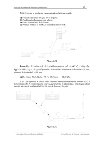 Colección de problemas de Ingeniería Fluidomecánica 87
Dto. de Ing. Nuclear y Mecánica de Fluidos E.U. Politécnica de Donostia – San Sebastián.
3.20. Conocida la instalación esquematizada en la figura, se pide:
a) Velocidad de salida del agua por la boquilla.
b) Caudales circulantes por cada tubería.
c) Altura manométrica de la bomba.
d) Potencia bruta de la bomba, si su rendimiento es 0,75.
Figura 3.20.
Datos: hf1 = 0,5 mcl cuyo S = 1,5; pérdida de potencia en 2 = 4 kW; hf3 = 30V3
2/2g;
PD = 24'5 kPa; PE = 3,2 kg/cm2 (entrada a la boquilla); diámetro de la boquilla = 30 mm;
diámetro de la tubería 3 = 100 mm.
r) 25,15 m/s; 50,2 , 32,4 y 17,8 l/s; 48,9 mca; 32,05 kW.
3.21. Dos depósitos A y B de altura constante abastecen mediante las tuberías 1 y 2 a
la tubería maestra 3, suministradora, a su vez, de la turbina T; a la salida de ésta el agua sale al
exterior a través de una boquilla E de 100 mm de diámetro. Se pide:
Figura 3.21.
 