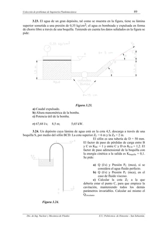 Colección de problemas de Ingeniería Fluidomecánica 89
Dto. de Ing. Nuclear y Mecánica de Fluidos E.U. Politécnica de Donostia – San Sebastián.
3.23. El agua de un gran depósito, tal como se muestra en la figura, tiene su lámina
superior sometida a una presión de 0,35 kg/cm2; el agua es bombeada y expulsada en forma
de chorro libre a través de una boquilla. Teniendo en cuenta los datos señalados en la figura se
pide:
Figura 3.23.
a) Caudal expulsado.
b) Altura manométrica de la bomba.
c) Potencia útil de la bomba.
r) 67,68 l/s; 8,5 m; 5,65 kW.
3.24. Un depósito cuya lámina de agua está en la cota 4,5, descarga a través de una
boquilla S, por medio del sifón BCD. La cota superior ZC = 6 m y la ZS = 2 m.
El sifón es una tubería de D = 50 mm.
El factor de paso de pérdidas de carga entre B
y C es KBC = 1 y entre C y D es KCD = 1,2. El
factor de paso adimensional de la boquilla con
la energía cinética a la salida es Kbaquilla = 0,1.
Se pide:
a) Q (l/s) y Presión PC (mca), si se
considera el agua fluido perfecto.
b) Q (l/s) y Presión PC (mca), en el
caso de fluido viscoso.
e) c) Calcular la cota ZC a la que
debería estar el punto C, para que empiece la
cavitación, manteniendo todos los demás
parámetros invariables. Calcular así mismo el
Qcirculante.
Figura 3.24.
 