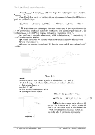 Colección de problemas de Ingeniería Fluidomecánica 90
Dto. de Ing. Nuclear y Mecánica de Fluidos E.U. Politécnica de Donostia – San Sebastián.
Datos: Dboquilla = 25 mm; Dtubería = 50 mm; Pv/γ = Presión de vapor = 1 mca (absoluta).
Patmosférica = 10 mca.
Nota: Recuérdese que la cavitación teórica se alcanza cuando la presión del líquido se
iguala a la presión de vapor.
e) 3,426 l/s; -1,656 mca; 3,089 l/s; -1,7525 mca; 13,247 m; 3,089 l/s
3.25. Por la instalación de la Figura circula un combustible de peso específico relativo
s = 0,8 que mediante una bomba suministra combustible a un quemador pulverizador C. La
bomba instalada es de 100 kW de potencia bruta con un rendimiento del 75 %.
Los manómetros instalados a la entrada y salida de la bomba, A y S, marcan 0,6 y 9,6
kg/cm2
respectivamente. Se pide:
a) Caudales circulantes por todas las tuberías indicando los sentidos de circulación.
b) Cota del quemador C.
c) Presión que marcará el manómetro del depósito presurizado D expresada en kg/cm2
y en kPa.
Figura 3.25.
Datos:
- Potencia perdida en la tubería 4 (desde la bomba hasta C) = 5,15 kW.
- Pérdida de carga en la tubería 3 (desde N hasta la bomba) = 5,35 mca.
- Potencia perdida en la
tubería 1: 6,3 kW.
- Factor de paso de la tubería 2: k = 8.
- Cotas expresadas en metros.
- Diámetro del quemador = 50 mm.
e) 103,8 l/s; 18,8 l/s, 85 l/s, 85 l/s; 41,75;
3.26. Se fuerza agua hacía adentro del
aparato con un caudal de 0,1 m3
/s a través del
tubo A, a la vez que un aceite de densidad relativa
S = 0,8, se fuerza con un caudal de 0,03 m3
/s a
través del tubo B, en régimen permanente.
Figura 3.26.
 