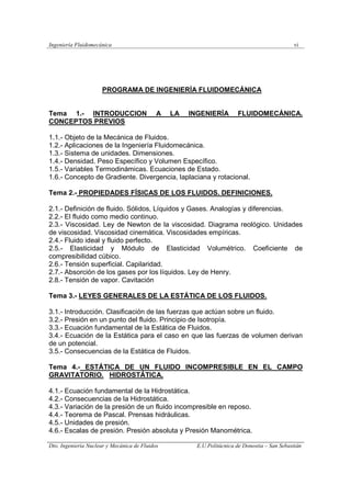 Ingeniería Fluidomecánica vi
Dto. Ingeniería Nuclear y Mecánica de Fluidos E.U.Politácnica de Donostia – San Sebastián
PROGRAMA DE INGENIERÍA FLUIDOMECÁNICA
Tema 1.- INTRODUCCION A LA INGENIERÍA FLUIDOMECÁNICA.
CONCEPTOS PREVIOS
1.1.- Objeto de la Mecánica de Fluidos.
1.2.- Aplicaciones de la Ingeniería Fluidomecánica.
1.3.- Sistema de unidades. Dimensiones.
1.4.- Densidad. Peso Específico y Volumen Específico.
1.5.- Variables Termodinámicas. Ecuaciones de Estado.
1.6.- Concepto de Gradiente. Divergencia, laplaciana y rotacional.
Tema 2.- PROPIEDADES FÍSICAS DE LOS FLUIDOS. DEFINICIONES.
2.1.- Definición de fluido. Sólidos, Líquidos y Gases. Analogías y diferencias.
2.2.- El fluido como medio continuo.
2.3.- Viscosidad. Ley de Newton de la viscosidad. Diagrama reológico. Unidades
de viscosidad. Viscosidad cinemática. Viscosidades empíricas.
2.4.- Fluido ideal y fluido perfecto.
2.5.- Elasticidad y Módulo de Elasticidad Volumétrico. Coeficiente de
compresibilidad cúbico.
2.6.- Tensión superficial. Capilaridad.
2.7.- Absorción de los gases por los líquidos. Ley de Henry.
2.8.- Tensión de vapor. Cavitación
Tema 3.- LEYES GENERALES DE LA ESTÁTICA DE LOS FLUIDOS.
3.1.- Introducción. Clasificación de las fuerzas que actúan sobre un fluido.
3.2.- Presión en un punto del fluido. Principio de Isotropía.
3.3.- Ecuación fundamental de la Estática de Fluidos.
3.4.- Ecuación de la Estática para el caso en que las fuerzas de volumen derivan
de un potencial.
3.5.- Consecuencias de la Estática de Fluidos.
Tema 4.- ESTÁTICA DE UN FLUIDO INCOMPRESIBLE EN EL CAMPO
GRAVITATORIO. HIDROSTÁTICA.
4.1.- Ecuación fundamental de la Hidrostática.
4.2.- Consecuencias de la Hidrostática.
4.3.- Variación de la presión de un fluido incompresible en reposo.
4.4.- Teorema de Pascal. Prensas hidráulicas.
4.5.- Unidades de presión.
4.6.- Escalas de presión. Presión absoluta y Presión Manométrica.
 