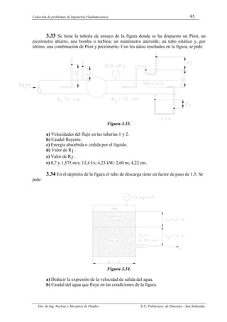 Colección de problemas de Ingeniería Fluidomecánica 95
Dto. de Ing. Nuclear y Mecánica de Fluidos E.U. Politécnica de Donostia – San Sebastián.
3.33 Se tiene la tubería de ensayo de la figura donde se ha dispuesto un Pitot, un
piezómetro abierto, una bomba o turbina; un manómetro aneroide; un tubo estático y, por
último, una combinación de Pitot y piezómetro. Con los datos reseñados en la figura, se pide:
Figura 3.33.
a) Velocidades del flujo en las tuberías 1 y 2.
b) Caudal fluyente.
c) Energía absorbida o cedida por el líquido.
d) Valor de R1 .
e) Valor de R2 .
r) 0,7 y 1,575 m/s; 12,4 l/s; 4,23 kW; 2,60 m; 4,22 cm.
3.34 En el depósito de la figura el tubo de descarga tiene un factor de paso de 1,5. Se
pide:
Figura 3.34.
a) Deducir la expresión de la velocidad de salida del agua.
b) Caudal del agua que fluye en las condiciones de la figura.
 