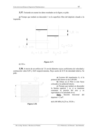 Colección de problemas de Ingeniería Fluidomecánica 97
Dto. de Ing. Nuclear y Mecánica de Fluidos E.U. Politécnica de Donostia – San Sebastián.
3.37. Teniendo en cuenta los datos reseñados en la figura, se pide:
a) Tiempo que tardará en descender 1 m la superficie libre del depósito situado a la
izquierda.
Figura 3.37.
r) 136 s.
3.38. A través de un orificio de 7,5 cm de diámetro cuyos coeficientes de velocidad y
contracción valen 0,95 y 0,65 respectivamente, fluye aceite de 0,72 de densidad relativa. Se
pide:
a) Lectura del manómetro A, si la
potencia del chorro es de 5,88 kW.
b) Altura en el Pitot si éste fuese
colocado a la salida del chorro.
c) Tiempo que tardará en descender
la lámina superior 1 m, si se mantiene
constante la presión del aire y es
equivalente a la calculada en a).
Dato: Sección trasversal del
depósito = 2 m2.
r) 0,108 MPa;16,25 m; 39,58 s.
Figura 3.38.
 