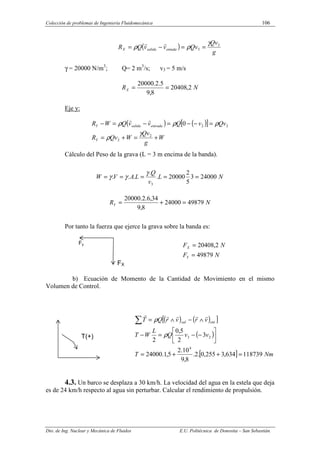 Colección de problemas de Ingeniería Fluidomecánica 106
Dto. de Ing. Nuclear y Mecánica de Fluidos E.U. Politécnica de Donostia – San Sebastián.
( )
g
Qv
Qv
v
v
Q
R entada
salida
X
3
3
γ
ρ
ρ =
=
−
=
r
r
γ = 20000 N/m3
; Q= 2 m3
/s; v3 = 5 m/s
N
RX 2
,
20408
8
,
9
5
.
2
.
20000
=
=
Eje y:
( ) ( )
[ ]
W
g
Qv
W
Qv
R
Qv
v
Q
v
v
Q
W
R
Y
entrada
salida
Y
+
=
+
=
=
−
−
=
−
=
−
2
2
2
2
0
γ
ρ
ρ
ρ
ρ
r
r
Cálculo del Peso de la grava (L = 3 m encima de la banda).
N
L
v
Q
L
A
V
W 24000
3
5
2
20000
.
.
.
.
.
3
=
=
=
=
=
γ
γ
γ
N
RY 49879
24000
8
,
9
34
,
6
.
2
.
20000
=
+
=
Por tanto la fuerza que ejerce la grava sobre la banda es:
N
F
N
F
Y
X
49879
2
,
20408
=
=
b) Ecuación de Momento de la Cantidad de Movimiento en el mismo
Volumen de Control.
( ) ( )
[ ]
( )
[ ] Nm
T
v
v
Q
L
W
T
v
r
v
r
Q
T ent
sal
118739
634
,
3
255
,
0
.
2
.
8
,
9
10
.
2
5
,
1
.
24000
3
2
5
,
0
2
4
2
3
=
+
+
=






−
−
=
−
∧
−
∧
=
∑
ρ
ρ
r
r
r
r
r
4.3. Un barco se desplaza a 30 km/h. La velocidad del agua en la estela que deja
es de 24 km/h respecto al agua sin perturbar. Calcular el rendimiento de propulsión.
FX
Fy
T(+)
 