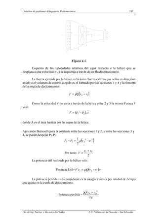 Colección de problemas de Ingeniería Fluidomecánica 107
Dto. de Ing. Nuclear y Mecánica de Fluidos E.U. Politécnica de Donostia – San Sebastián.
Figura 4.3.
Esquema de las velocidades relativas del agua respecto a la hélice que se
desplaza a una velocidad v1 a la izquierda a través de un fluido estacionario.
La fuerza ejercida por la hélice es la única fuerza externa que actúa en dirección
axial; si el volumen de control elegido es el formado por las secciones 1 y 4 y la frontera
de la estela de deslizamiento:
[ ]
1
4 v
v
Q
F −
= ρ
Como la velocidad v no varía a través de la hélice entre 2 y 3 la misma Fuerza F
vale:
( )A
P
P
F .
2
3 −
=
donde A es el área barrida por las aspas de la hélice.
Aplicando Bernoulli para la corriente entre las secciones 1 y 2, y entre las secciones 3 y
4, se puede despejar P3-P2:
( )
2
1
2
4
2
3
2
1
v
v
P
P −
=
− ρ
Por tanto:
2
4
1 v
v
V
+
=
La potencia útil realizada por la hélice vale:
Potencia Util= ( ) 1
1
4
1 .
. v
v
v
Q
v
F −
= ρ
La potencia perdida en la propulsión es la energía cinética por unidad de tiempo
que queda en la estela de deslizamiento.
Potencia perdida =
( )
g
v
v
Q
2
2
1
4 −
γ
 