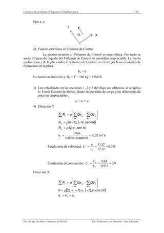 Colección de problemas de Ingeniería Fluidomecánica 111
Dto. de Ing. Nuclear y Mecánica de Fluidos E.U. Politécnica de Donostia – San Sebastián.
Ejes x, y.
2) Fuerzas exteriores al Volumen de Control.
La presión exterior al Volumen de Control es atmosférica. Por tanto se
anula. El peso del líquido del Volumen de Control se considera despreciable. La fuerza
en dirección y de la placa sobre el Volumen de Control, no existe por la no existencia de
rozamiento en la placa.
Rx = 0
La fuerza en dirección y: Ry = F = 180 kg = 1764 N.
3) Las velocidades en las secciones 1, 2 y 3 del flujo son idénticas, si se aplica
la Teoría General de álabes, donde las pérdidas de carga y las diferencias de
cota son despreciables.
v1 = v2 = v3
4) Dirección Y
( )
[ ]
s
m
sen
v
sen
v
Q
R
sen
V
Q
R
v
Q
v
Q
F
y
y
sal ent
y
y
Y
/
,
.
,
.
.
.
.
.
.
32
11
60
18
0
1000
1764
60
60
0
1
1
1
1
1
=
=
=
−
−
=






−
=
∑ ∑ ∑
ρ
ρ
ρ
r
r
r
Coeficiente de velocidad: 933
,
0
12
,
12
32
,
11
1
1
=
=
=
t
v
v
v
C
Coeficiente de contracción: 9
,
0
933
,
0
84
,
0
=
=
=
v
d
c
C
C
C
Dirección X:
( )
[ ]
3
2
1
1
1
3
3
2
2 60
0
v
v
v
v
Q
v
Q
v
Q
v
Q
v
Q
F
sal ent
x
x
x
=
=
−
−
=






−
=
∑ ∑ ∑
cos
ρ
ρ
r
r
r
Y
X
RX
Ry
 