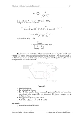 Colección de problemas de Ingeniería Fluidomecánica 115
Dto. de Ing. Nuclear y Mecánica de Fluidos E.U. Politécnica de Donostia – San Sebastián.
2
1
1
1





 +
=
=
c
k
t
k
dt
du
aC
j) c1 = 35 m/s, A = 5 cm2
, θ = 120 º, mC = 50 kg.
Tiempo t, en alcanzar u = 30 m/s;
( ) ( )
m
A
m
k C
66
,
66
120
cos
1
10
.
5
10
50
cos
1 4
3
=
−
×
×
=
−
×
×
= −
θ
ρ
s
t 11
35
1
30
35
1
66
,
66 =






−
−
×
=
Aceleración aC a los t = 2 s.
2
2
/
4
,
4
35
1
66
,
66
2
66
,
66
1
s
m
aC =






+
=
4.7. Una rueda de una turbina Pelton es alimentada por un inyector situado en la
cota 125. La tubería forzada es de acero comercial de 500 mm y 1400 m de longitud. Si
el diámetro del chorro es de 9 cm y el factor de paso de la boquilla es 0,025 con la
energía cinética a la salida, calcular:
Figura 4.7.
a) Caudal circulante.
b) La velocidad del chorro.
c) La velocidad u de los álabes para que la potencia obtenida sea la máxima,
suponiendo nulas las pérdidas por rozamiento del chorro a su paso por el
álabe o cazoleta.
d) Par y potencia obtenida por la turbina.
e) Velocidad del chorro a la salida del rodete.
Resolución.
a) Cálculo del caudal circulante:
 