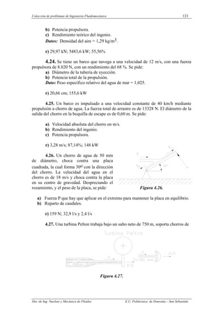 Colección de problemas de Ingeniería Fluidomecánica 123
Dto. de Ing. Nuclear y Mecánica de Fluidos E.U. Politécnica de Donostia – San Sebastián.
b) Potencia propulsora.
c) Rendimiento teórico del ingenio.
Datos: Densidad del aire = 1,29 kg/m3.
r) 29,97 kN; 5483,6 kW; 55,56%
4.24. Se tiene un barco que navega a una velocidad de 12 m/s, con una fuerza
propulsora de 8.820 N, con un rendimiento del 68 %. Se pide:
a) Diámetro de la tubería de eyección.
b) Potencia total de la propulsión.
Dato: Peso específico relativo del agua de mar = 1,025.
r) 20,66 cm; 155,6 kW
4.25. Un barco es impulsado a una velocidad constante de 40 km/h mediante
propulsión a chorro de agua. La fuerza total de arrastre es de 13328 N. El diámetro de la
salida del chorro en la boquilla de escape es de 0,60 m. Se pide:
a) Velocidad absoluta del chorro en m/s.
b) Rendimiento del ingenio.
c) Potencia propulsora.
r) 3,28 m/s; 87,14%; 148 kW
4.26. Un chorro de agua de 50 mm
de diámetro, choca contra una placa
cuadrada, la cual forma 30o con la dirección
del chorro. La velocidad del agua en el
chorro es de 18 m/s y choca contra la placa
en su centro de gravedad. Despreciando el
rozamiento, y el peso de la placa, se pide: Figura 4.26.
a) Fuerza P que hay que aplicar en el extremo para mantener la placa en equilibrio.
b) Reparto de caudales.
r) 159 N; 32,9 l/s y 2,4 l/s
4.27. Una turbina Pelton trabaja bajo un salto neto de 750 m, soporta chorros de
Figura 4.27.
 