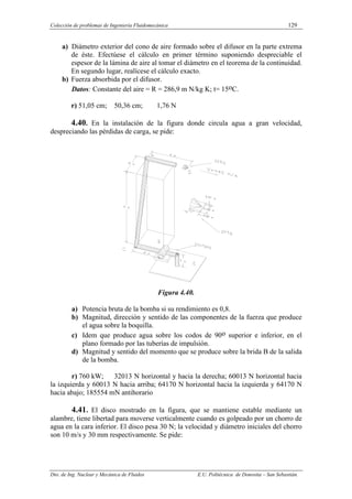 Colección de problemas de Ingeniería Fluidomecánica 129
Dto. de Ing. Nuclear y Mecánica de Fluidos E.U. Politécnica de Donostia – San Sebastián.
a) Diámetro exterior del cono de aire formado sobre el difusor en la parte extrema
de éste. Efectúese el cálculo en primer término suponiendo despreciable el
espesor de la lámina de aire al tomar el diámetro en el teorema de la continuidad.
En segundo lugar, realícese el cálculo exacto.
b) Fuerza absorbida por el difusor.
Datos: Constante del aire = R = 286,9 m N/kg K; t= 15oC.
r) 51,05 cm; 50,36 cm; 1,76 N
4.40. En la instalación de la figura donde circula agua a gran velocidad,
despreciando las pérdidas de carga, se pide:
Figura 4.40.
a) Potencia bruta de la bomba si su rendimiento es 0,8.
b) Magnitud, dirección y sentido de las componentes de la fuerza que produce
el agua sobre la boquilla.
c) Idem que produce agua sobre los codos de 90o superior e inferior, en el
plano formado por las tuberías de impulsión.
d) Magnitud y sentido del momento que se produce sobre la brida B de la salida
de la bomba.
r) 760 kW; 32013 N horizontal y hacia la derecha; 60013 N horizontal hacia
la izquierda y 60013 N hacia arriba; 64170 N horizontal hacia la izquierda y 64170 N
hacia abajo; 185554 mN antihorario
4.41. El disco mostrado en la figura, que se mantiene estable mediante un
alambre, tiene libertad para moverse verticalmente cuando es golpeado por un chorro de
agua en la cara inferior. El disco pesa 30 N; la velocidad y diámetro iniciales del chorro
son 10 m/s y 30 mm respectivamente. Se pide:
 