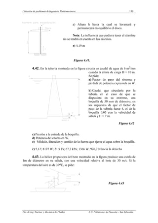 Colección de problemas de Ingeniería Fluidomecánica 130
Dto. de Ing. Nuclear y Mecánica de Fluidos E.U. Politécnica de Donostia – San Sebastián.
a) Altura h hasta la cual se levantará y
permanecerá en equilibrio el disco.
Nota: La influencia que pudiera tener el alambre
no se tendrá en cuenta en los cálculos.
r) 4,19 m
Figura 4.41.
4.42. En la tubería mostrada en la figura circula un caudal de agua de 6 m3/mn
cuando la altura de carga H = 10 m.
Se pide:
a) Factor de paso del sistema y
pérdida de potencia expresada en W.
b) Caudal que circularía por la
tubería en el caso de que se
dispusiera en su extremo, una
boquilla de 50 mm de diámetro, en
los supuestos de que el factor de
paso de la tubería fuese 4, el de la
boquilla 0,05 con la velocidad de
salida y H = 7 m.
Figura 4.42
c) Presión a la entrada de la boquilla.
d) Potencia del chorro en W.
e) Módulo, dirección y sentido de la fuerza que ejerce el agua sobre la boquilla.
r) 5,12; 8197 W; 21,9 l/s; 67,7 kPa; 1366 W; 926,7 N hacia la derecha
4.43. La hélice propulsora del bote mostrado en la figura produce una estela de
1m de diámetro en su salida, con una velocidad relativa al bote de 30 m/s. Si la
temperatura del aire es de 30oC, se pide:
Figura 4.43
 