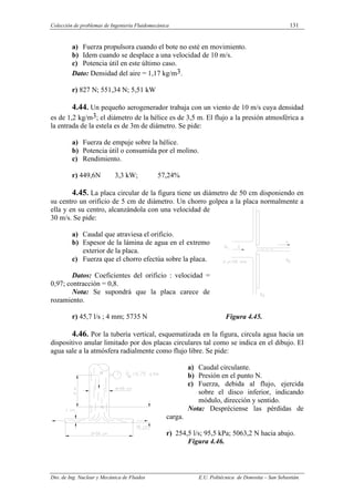 Colección de problemas de Ingeniería Fluidomecánica 131
Dto. de Ing. Nuclear y Mecánica de Fluidos E.U. Politécnica de Donostia – San Sebastián.
a) Fuerza propulsora cuando el bote no esté en movimiento.
b) Idem cuando se desplace a una velocidad de 10 m/s.
c) Potencia útil en este último caso.
Dato: Densidad del aire = 1,17 kg/m3.
r) 827 N; 551,34 N; 5,51 kW
4.44. Un pequeño aerogenerador trabaja con un viento de 10 m/s cuya densidad
es de 1,2 kg/m3; el diámetro de la hélice es de 3,5 m. El flujo a la presión atmosférica a
la entrada de la estela es de 3m de diámetro. Se pide:
a) Fuerza de empuje sobre la hélice.
b) Potencia útil o consumida por el molino.
c) Rendimiento.
r) 449,6N 3,3 kW; 57,24%
4.45. La placa circular de la figura tiene un diámetro de 50 cm disponiendo en
su centro un orificio de 5 cm de diámetro. Un chorro golpea a la placa normalmente a
ella y en su centro, alcanzándola con una velocidad de
30 m/s. Se pide:
a) Caudal que atraviesa el orificio.
b) Espesor de la lámina de agua en el extremo
exterior de la placa.
c) Fuerza que el chorro efectúa sobre la placa.
Figura 4.45.
Datos: Coeficientes del orificio : velocidad =
0,97; contracción = 0,8.
Nota: Se supondrá que la placa carece de
rozamiento.
r) 45,7 l/s ; 4 mm; 5735 N Figura 4.45.
4.46. Por la tubería vertical, esquematizada en la figura, circula agua hacia un
dispositivo anular limitado por dos placas circulares tal como se indica en el dibujo. El
agua sale a la atmósfera radialmente como flujo libre. Se pide:
a) Caudal circulante.
b) Presión en el punto N.
c) Fuerza, debida al flujo, ejercida
sobre el disco inferior, indicando
módulo, dirección y sentido.
Nota: Despréciense las pérdidas de
carga.
r) 254,5 l/s; 95,5 kPa; 5063,2 N hacia abajo.
Figura 4.46.
 