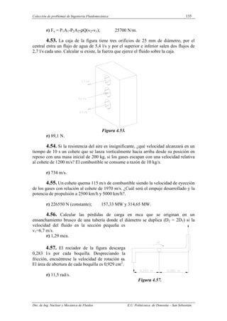 Colección de problemas de Ingeniería Fluidomecánica 135
Dto. de Ing. Nuclear y Mecánica de Fluidos E.U. Politécnica de Donostia – San Sebastián.
r) Fx = P1A1-P2A2-ρQ(v2-v1); 25700 N/m.
4.53. La caja de la figura tiene tres orificios de 25 mm de diámetro, por el
central entra un flujo de agua de 5,4 l/s y por el superior e inferior salen dos flujos de
2,7 l/s cada uno. Calcular si existe, la fuerza que ejerce el fluido sobre la caja.
Figura 4.53.
r) 89,1 N.
4.54. Si la resistencia del aire es insignificante, ¿qué velocidad alcanzará en un
tiempo de 10 s un cohete que se lanza verticalmente hacia arriba desde su posición en
reposo con una masa inicial de 200 kg, si los gases escapan con una velocidad relativa
al cohete de 1200 m/s? El combustible se consume a razón de 10 kg/s.
r) 734 m/s.
4.55. Un cohete quema 115 m/s de combustible siendo la velocidad de eyección
de los gases con relación al cohete de 1970 m/s. ¿Cuál será el empuje desarrollado y la
potencia de propulsión a 2500 km/h y 5000 km/h?.
r) 226550 N (constante); 157,33 MW y 314,65 MW.
4.56. Calcular las pérdidas de carga en mca que se originan en un
ensanchamiento brusco de una tubería donde el diámetro se duplica (D2 = 2D1) si la
velocidad del fluido en la sección pequeña es
v1=6,7 m/s.
r) 1,29 mca.
4.57. El rociador de la figura descarga
0,283 l/s por cada boquilla. Despreciando la
fricción, encuéntrese la velocidad de rotación ω.
El área de abertura de cada boquilla es 0,929 cm2
.
r) 11,5 rad/s.
Figura 4.57.
 