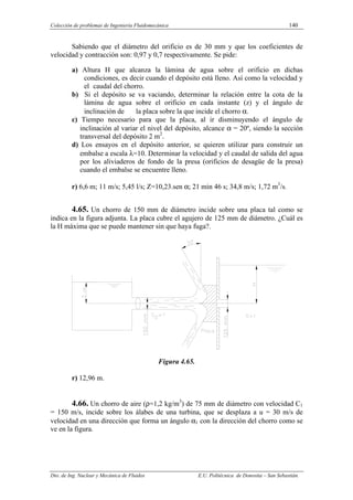 Colección de problemas de Ingeniería Fluidomecánica 140
Dto. de Ing. Nuclear y Mecánica de Fluidos E.U. Politécnica de Donostia – San Sebastián.
Sabiendo que el diámetro del orificio es de 30 mm y que los coeficientes de
velocidad y contracción son: 0,97 y 0,7 respectivamente. Se pide:
a) Altura H que alcanza la lámina de agua sobre el orificio en dichas
condiciones, es decir cuando el depósito está lleno. Así como la velocidad y
el caudal del chorro.
b) Si el depósito se va vaciando, determinar la relación entre la cota de la
lámina de agua sobre el orificio en cada instante (z) y el ángulo de
inclinación de la placa sobre la que incide el chorro α.
c) Tiempo necesario para que la placa, al ir disminuyendo el ángulo de
inclinación al variar el nivel del depósito, alcance α = 20º, siendo la sección
transversal del depósito 2 m2
.
d) Los ensayos en el depósito anterior, se quieren utilizar para construir un
embalse a escala λ=10. Determinar la velocidad y el caudal de salida del agua
por los aliviaderos de fondo de la presa (orificios de desagüe de la presa)
cuando el embalse se encuentre lleno.
r) 6,6 m; 11 m/s; 5,45 l/s; Z=10,23.sen α; 21 min 46 s; 34,8 m/s; 1,72 m3
/s.
4.65. Un chorro de 150 mm de diámetro incide sobre una placa tal como se
indica en la figura adjunta. La placa cubre el agujero de 125 mm de diámetro. ¿Cuál es
la H máxima que se puede mantener sin que haya fuga?.
Figura 4.65.
r) 12,96 m.
4.66. Un chorro de aire (ρ=1,2 kg/m3
) de 75 mm de diámetro con velocidad C1
= 150 m/s, incide sobre los álabes de una turbina, que se desplaza a u = 30 m/s de
velocidad en una dirección que forma un ángulo α1 con la dirección del chorro como se
ve en la figura.
 