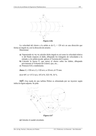 Colección de problemas de Ingeniería Fluidomecánica 141
Dto. de Ing. Nuclear y Mecánica de Fluidos E.U. Politécnica de Donostia – San Sebastián.
Figura 4.66.
La velocidad del chorro a la salida es de C2 = 120 m/s en una dirección que
forma un ángulo α2 con la dirección de arrastre.
Determinar:
a) Suponiendo α1=α2=α, calcular dicho ángulo α, así como la velocidad relativa
w del fluido respecto al álabe, dibujando los triángulos de velocidades a la
entrada y a la salida (ayuda: aplicar el Teorema del Coseno).
b) Calcular la fuerza Fx que ejerce el chorro sobre los álabes, dibujando
previamente el Volumen de Control, ejes, etc...
c) Potencia Util y rendimiento.
Datos: C1=150 m/s; C2=120 m/s; u=30 m/s; d=75 mm.
r) α=60º; w=137,5 m/s; 107,4 N; 3221 W; 36 %.
4.67. Una rueda de una turbina Pelton es alimentada por un inyector según
indica la figura adjunta. Se pide:
Figura 4.67
a) Calcular el caudal circulante.
 