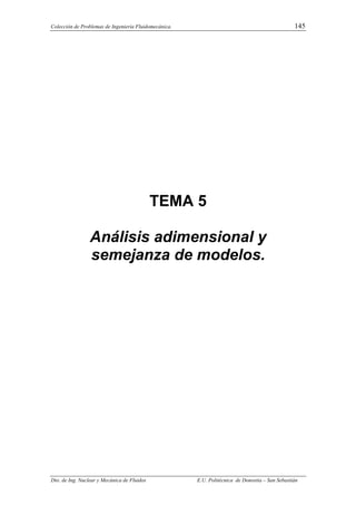 Colección de Problemas de Ingeniería Fluidomecánica. 145
Dto. de Ing. Nuclear y Mecánica de Fluidos E.U. Politécnica de Donostia – San Sebastián
TEMA 5
Análisis adimensional y
semejanza de modelos.
 