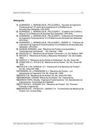 Ingeniería Fluidomecánica xii
Dto. Ingeniería Nuclear y Mecánica de Fluidos E.U.Politácnica de Donostia – San Sebastián
Bibliografía.
1) ALMANDOZ J., MONGELOS B., PELLEJERO I., “Apuntes de Ingeniería
Fluidomecánica” (2ª parte de la asignatura) E.U.Politécnica de
Donostia.San Sebastián. UPV-EHU.
2) ALMANDOZ J., MONGELOS B., PELLEJERO I., “Cuaderno de Cuadros y
Abacos” E.U.Politécnica de Donostia.San Sebastián. UPV-EHU.
3) ALMANDOZ J., MONGELOS B., PELLEJERO I., “Colección de Problemas
de Ingeniería Fluidomecánica” E.U.Politécnica de Donostia.San Sebastián.
UPV-EHU.
4) ALMANDOZ J., MONGELOS B., PELLEJERO I., REBÓN D. “Prácticas de
Laboratorio de Ingeniería Fluidomecánica” E.U.Politécnica de Donostia.San
Sebastián. UPV-EHU.
5) AGÜERA SORIANO, José. "Mecánica de Fluidos incompresibles y
Turbomáquinas Hidráulicas" Ed. Ciencias - 1992.
6) DOUGLAS J.F. “Mecánica de los fluidos” Vomumen I y II. Ed. Bellisco 1991
7) MATAIX C. "Mecánica de fluidos y Máquinas Hidráulicas". Ed. del Castillo,
1982.
8) GILES R. V. "Mecánica de los fluidos e Hidráulicas". Ed. Mc. Graw-Hill.
9) STREETER V.L. WYLIE E.B. "Mecánica de los fluidos". Ed. Mc. Graw-Hill,
1979.
10)FOX R.W. y Mc. DONALD. A.T. “Introducción a la Mecánica de Fluidos”.
Ed. Mc. Graw-Hill-1989.
11)FRANZINI J.B. y FINNEMORE E.J. “Mecánica de Fluidos – con
aplicaciones en Ingeniería” Ed. Mc. Graw-Hill –1999.
12)WHITE F.M. “Mecánica de los fluidos” Ed. Mc. Graw-Hill 1983.
13)ROBERSON / CROWE "Mecánica de fluidos". Ed.: Interamérica.
14)GARCÍA TAPIA, Nicolás. “Ingeniería Fluidomecánica”. Ed. Secretariado de
publicaciones. Universidad de Valladolid.
15)POTTER M.C., WIGGERT D.C. “Mecánica de Fluidos”. Ed. Thomson .
Ciencias e Ingenierías.
16)MUNSON B.R., YOUNG D.F., OKIISHI T.H. “Fundamentos de Mecánica de
Fluidos” Ed. Limusa Wiley.
 