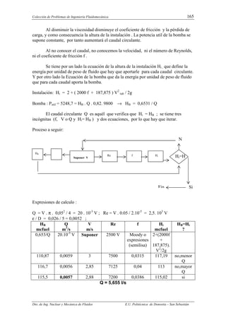 Colección de Problemas de Ingeniería Fluidomecánica. 165
Dto. de Ing. Nuclear y Mecánica de Fluidos E.U. Politécnica de Donostia – San Sebastián
Al disminuir la viscosidad disminuye el coeficiente de fricción y la pérdida de
carga, y como consecuencia la altura de la instalación . La potencia util de la bomba se
supone constante, por tanto aumentará el caudal circulante.
Al no conocer el caudal, no conocemos la velocidad, ni el número de Reynolds,
ni el coeficiente de fricción f .
Se tiene por un lado la ecuación de la altura de la instalación Hi , que define la
energía por unidad de peso de fluido que hay que aportarle para cada caudal circulante.
Y por otro lado la Ecuación de la bomba que da la energía por unidad de peso de fluido
que para cada caudal aporta la bomba.
Instalación: Hi = 2 + ( 2000 f + 187,875 ) V2
tub / 2g
Bomba : Putil = 5248,7 = HB . Q . 0,82. 9800 → HB = 0,6531 / Q
El caudal circulante Q es aquél que verifica que Hi = HB ; se tiene tres
incógnitas (f, V o Q y Hi= HB ) y dos ecuaciones, por lo que hay que iterar.
Proceso a seguir:
Expresiones de calculo :
Q = V . π . 0,052
/ 4 = 20 . 10-3
V ; Re = V . 0.05 / 2.10-5
= 2,5. 103
V
ε / D = 0,026 / 5 = 0,0052 ;
HB
mcfuel
Q
m3
/s
V
m/s
Re f Hi
mcfuel
HB=Hi
?
0,653/Q 20.10-3
V Suponer 2500 V Moody o
expresiones
(semilisa)
2+(2000f
+
187,875).
V2
/2g
110,87 0,0059 3 7500 0,0315 117,19 no,menor
Q
116,7 0,0056 2,85 7125 0,04 113 no,mayor
Q
115,5 0,0057 2,88 7200 0,0386 115,02 si
Q = 5,655 l/s
N
Suponer V
Re f Hi
HB
Hi=H
Si
Fin
 