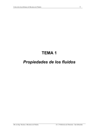 Colección de problemas de Mecánica de Fluidos 1
Dto. de Ing. Nuclear y Mecánica de Fluidos E. U. Politécnica de Donostia – San Sebastián.
TEMA 1
Propiedades de los fluidos
 