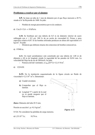 Colección de Problemas de Ingeniería Fluidomecánica. 178
Dto. de Ing. Nuclear y Mecánica de Fluidos E.U. Politécnica de Donostia – San Sebastián
Problemas a resolver por el alumno
6.9. Se tiene un tubo de 1 mm de diámetro por el que fluye mercurio a 20 ºC,
siendo el nº de Reynolds de 1600. Se pide:
- Pérdida de energía piezométrica por m de conducto.
r) Con S=13,6 → 10 kPa/m.
6.10. Se bombean por una tubería de 0,5 m de diámetro interior de acero
roblonado con ε = 0,5 cm, 100 l/s de un aceite de viscosidad 0,1 Poises y peso
específico relativo 0,85. Si las bombas utilizadas producen un altura útil equivalente a 8
kg/cm2
. Se pide:
- Distancia que deberan situarse dos estaciones de bombeo consecutivas.
r) 87800 m.
6.11. Un tunel aerodinámico está constituido por una tubería de 1,80 m de
diámetro y 60 m de longitud, siendo la rugosidad de las paredes de 0,016 mm. La
velocidad del flujo ha de ser de 500 km/h. Se pide:
- Potencia útil del ventilador, si γaire(20 ºC)=12,15 N/m2
.
r) 1224 kW.
6.12. En la instalación esquematizada de la figura circula un fluido de
viscosidad ν=2,5.10-6
m2
/s. Determinar:
a) Caudal circulante.
b) Comprobar que el flujo es
laminar.
c) Longitud “l” a partir de la cual
no se puede asegurar que el
flujo es laminar.
Datos: Diámetro del tubo D=5 mm.
Presión en sección1: p1=0,1 kg/cm2
.
Figura. 6.12.
S=0,8. No considerar las pérdidas de carga menores.
r) 1,35.10-3
l/s; 10,78 m.
 