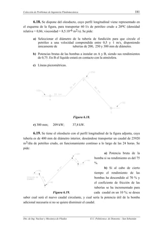 Colección de Problemas de Ingeniería Fluidomecánica. 181
Dto. de Ing. Nuclear y Mecánica de Fluidos E.U. Politécnica de Donostia – San Sebastián
6.18. Se dispone del oleoducto, cuyo perfil longitudinal viene representado en
el esquema de la figura, para transportar 60 l/s de petróleo crudo a 20oC (densidad
relativa = 0,86; viscosidad = 8,5.10-6 m2/s). Se pide:
a) Seleccionar el diámetro de la tubería de fundición para que circule el
petróleo a una velocidad comprendida entre 0,5 y 1 m/s, disponiendo
únicamente de tuberías de 200, 250 y 300 mm de diámetro.
b) Potencias brutas de las bombas a instalar en A y B, siendo sus rendimientos
de 0,75. En B el líquido estará en contacto con la atmósfera.
c) Líneas piezométricas.
Figura 6.18.
r) 300 mm; 209 kW; 37,8 kW.
6.19. Se tiene el oleoducto con el perfil longitudinal de la figura adjunta, cuya
tubería es de 400 mm de diámetro interior, deseándose transportar un caudal de 25920
m3/día de petróleo crudo, en funcionamiento contínuo a lo largo de las 24 horas. Se
pide:
a) Potencia bruta de la
bomba si su rendimiento es del 75
%.
b) Si al cabo de cierto
tiempo el rendimiento de las
bombas ha descendido al 70 % y
el coeficiente de fricción de las
tuberías se ha incrementado para
Figura 6.19. cada caudal en un 10 %; se desea
saber cual será el nuevo caudal circulante, y cual sería la potencia útil de la bomba
adicional necesaria si no se quiere disminuir el caudal.
 
