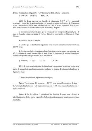 Colección de Problemas de Ingeniería Fluidomecánica. 182
Dto. de Ing. Nuclear y Mecánica de Fluidos E.U. Politécnica de Donostia – San Sebastián
Datos: Temperatura del petróleo = 30oC; material de la tubería - fundición.
r) 4500 kW; 283,5 l/s; 559,2 kW.
6.20. Se desea trasvasar un líquido de viscosidad 7.10-6 m2/s y densidad
relativa 1,1 entre dos depósitos abiertos a la atmósfera, y con un desnivel de 22 m entre
ellos. La tubería de unión tiene una longitud de 1500 m y una rugosidad de 0,03 cm.
Para dicho trasvase se utiliza una estación de bombeo. Se pide:
a) Diámetro de la tubería para que la velocidad esté comprendida entre 0,8 y 1,2
m/s, si el caudal a trasvasar es de 45 l/s. Los diámetros comerciales se fabrican de 50 en
50 mm.
b) Potencia útil de la bomba.
c) Caudal que se bombearía si por una equivocación se instalase una bomba de
20 kW útiles.
d) Presión que habrá de dotarse al depósito inferior si se desea que circulen los
45 l/s después de haber transcurrido 10 años desde el comienzo de su funcionamiento
con el consiguiente envejecimiento de la instalación.
r) 250 mm; 14 kW; 57 l/s; 7,3 kPa.
6.21. Se tiene una instalación de llenado de camiones de reparto de keroseno a
partir de un depósito de almacenamiento, mediante el sistema de tuberías indicado en la
figura. Se pide:
- Caudal circulante en la posición de la figura.
Datos: Temperatura del keroseno = 20 oC; peso específico relativo de éste =
0,77; longitud de la tubería = 25 m; diámetro de ésta = 100 mm; material de la tubería =
acero comercial.
Notas: Se ha de utilizar el método de los factores de paso para calcular la
pérdida de carga de las piezas especiales. Solo se tendrán en cuenta las piezas especiales
resaltadas.
 