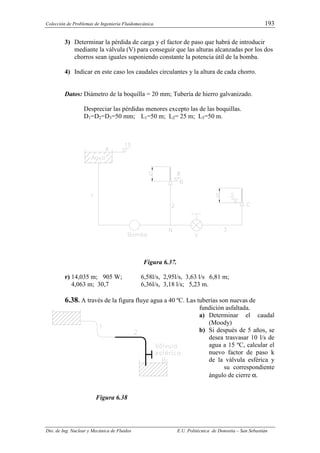 Colección de Problemas de Ingeniería Fluidomecánica. 193
Dto. de Ing. Nuclear y Mecánica de Fluidos E.U. Politécnica de Donostia – San Sebastián
3) Determinar la pérdida de carga y el factor de paso que habrá de introducir
mediante la válvula (V) para conseguir que las alturas alcanzadas por los dos
chorros sean iguales suponiendo constante la potencia útil de la bomba.
4) Indicar en este caso los caudales circulantes y la altura de cada chorro.
Datos: Diámetro de la boquilla = 20 mm; Tubería de hierro galvanizado.
Despreciar las pérdidas menores excepto las de las boquillas.
D1=D2=D3=50 mm; L1=50 m; L2= 25 m; L3=50 m.
Figura 6.37.
r) 14,035 m; 905 W; 6,58l/s, 2,95l/s, 3,63 l/s 6,81 m;
4,063 m; 30,7 6,36l/s, 3,18 l/s; 5,23 m.
6.38. A través de la figura fluye agua a 40 ºC. Las tuberías son nuevas de
fundición asfaltada.
a) Determinar el caudal
(Moody)
b) Si después de 5 años, se
desea trasvasar 10 l/s de
agua a 15 ºC, calcular el
nuevo factor de paso k
de la válvula esférica y
su correspondiente
ángulo de cierre α.
Figura 6.38
 