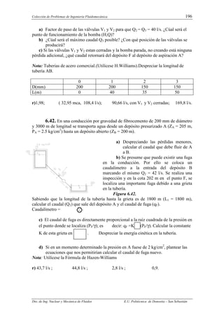 Colección de Problemas de Ingeniería Fluidomecánica. 196
Dto. de Ing. Nuclear y Mecánica de Fluidos E.U. Politécnica de Donostia – San Sebastián
a) Factor de paso de las válvulas V1 y V2 para que Q2 = Q3 = 40 l/s. ¿Cúal será el
punto de funcionamiento de la bomba (H,Q)?
b) ¿Cúal será el máximo caudal Q3 posible? ¿Con qué posición de las válvulas se
producirá?
c) Si las válvulas V1 y V2 estan cerradas y la bomba parada, no creando está ninguna
pérdida adicional, ¿qué caudal retornará del depósito F al depósito de aspiración A?
Nota: Tuberias de acero comercial.(Utilicese H.Williams).Despreciar la longitud de
tubería AB.
0 1 2 3
D(mm) 200 200 150 150
L(m) 0 40 35 50
r)1,98; ( 32,95 mca, 108,4 l/s); 90,66 l/s, con V1 y V2 cerradas; 169,8 l/s.
6.42. En una conducción por gravedad de fibrocemento de 200 mm de diámetro
y 3000 m de longitud se transporta agua desde un depósito presurizado A (ZA = 205 m,
PA = 2.5 kg/cm2
) hasta un depósito abierto (ZB = 200 m).
a) Despreciando las pérdidas menores,
calcular el caudal que debe fluir de A
a B.
b) Se presume que puede existir una fuga
en la conducción. Por ello se coloca un
caudalímetro a la entrada del depósito B
marcando el mísmo Q2 = 42 l/s. Se realiza una
inspección y en la cota 202 m en el punto F, se
localiza una importante fuga debido a una grieta
en la tubería.
Figura 6.42.
Sabiendo que la longitud de la tubería hasta la grieta es de 1800 m (L1 = 1800 m),
calcular el caudal (Q1) que sale del depósito A y el caudal de fuga (qF).
Caudalímetro =
c) El caudal de fuga es directamente proporcional a la raíz cuadrada de la presión en
el punto donde se localiza (PF/γ); es decir: qF =K (PF/γ). Calcular la constante
K de esta grieta en . Despreciar la energía cinética en la tubería.
d) Si en un momento determinado la presión en A fuese de 2 kg/cm2
, plantear las
ecuaciones que nos permitirían calcular el caudal de fuga nuevo.
Nota: Utilícese la Fórmula de Hazen-Williams
r) 43,7 l/s ; 44,8 l/s ; 2,8 l/s ; 0,9.
 