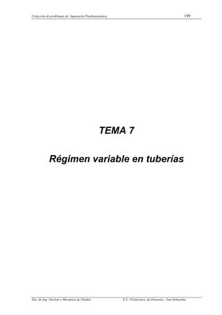 Colección de problemas de Ingeniería Fluidomecánica. 199
Dto. de Ing. Nuclear y Mecánica de Fluidos E.U. Politécnica de Donostia – San Sebastián.
TEMA 7
Régimen variable en tuberías
 