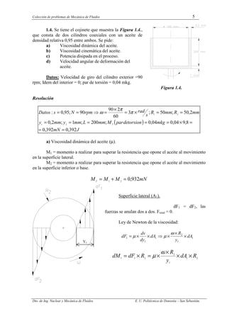 Colección de problemas de Mecánica de Fluidos 5
Dto. de Ing. Nuclear y Mecánica de Fluidos E. U. Politécnica de Donostia – San Sebastián.
1.4. Se tiene el cojinete que muestra la Figura 1.4.,
que consta de dos cilindros coaxiales con un aceite de
densidad relativa 0,95 entre ambos. Se pide:
a) Viscosidad dinámica del aceite.
b) Viscosidad cinemática del aceite.
c) Potencia disipada en el proceso.
d) Velocidad angular de deformación del
aceite.
Datos: Velocidad de giro del cilindro exterior =90
rpm; Idem del interior = 0; par de torsión = 0,04 mkg.
Figura 1.4.
Resolución
( )
J
mN
mkg
torsion
de
par
M
mm
L
mm
y
mm
y
mm
R
mm
R
s
rad
rpm
N
s
Datos
T
392
,
0
392
,
0
8
,
9
04
,
0
04
,
0
;
200
;
1
;
2
,
0
2
,
50
;
50
;
3
60
2
90
90
;
95
,
0
:
2
1
2
1
=
=
=
×
=
=
=
=
=
=
=
×
=
×
=
⇒
=
= π
π
ω
a) Viscosidad dinámica del aceite (µ).
M1 = momento a realizar para superar la resistencia que opone el aceite al movimiento
en la superficie lateral.
M2 = momento a realizar para superar la resistencia que opone el aceite al movimiento
en la superficie inferior o base.
mN
M
M
MT
932
,
0
2
1
=
+
=
Superficie lateral (A1).
dF1 = dF2, las
fuerzas se anulan dos a dos. Ftotal = 0.
Ley de Newton de la viscosidad:
1
1
2
1
1
1 dA
y
R
dA
dy
dv
dF ×
×
×
⇒
×
×
=
ω
µ
µ
2
1
1
2
2
1
1
R
dA
y
R
R
dF
dM ×
×
×
×
=
×
=
ω
µ
Y1
 