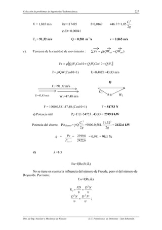 Colección de problemas de Ingeniería Fluidomecánica. 227
Dto. de Ing. Nuclear y Mecánica de Fluidos E.U. Politécnica de Donostia – San Sebastián.
V = 1,865 m/s Re=117495 f=0,0167 446.77=1,05
g
C
2
2
1
ε /D= 0.00041
C1 = 91,32 m/s Q = 0,581 m3
/s v = 1,865 m/s
c) Teorema de la cantidad de movimiento : )
( ent
sal QW
QW
Fx −
=
∑ ρ
[ ]
1
1
3
3
2
2 10
10 W
Q
Cos
W
Q
Cos
W
Q
Fx −
+
= ρ
F= ρ QW(Cos10+1) U=0,48C1=43,83 m/s
F = 1000.0,581.47,48.(Cos10+1) F = 54753 N
c) Potencia útil Pe=F.U=54753 . 43,83 = 2399.8 kW
Potencia del chorro: Potchorro.=γ Q
g
C
2
2
1
=9800.0,581.
g
2
32
.
91 2
= 2422.6 kW
η =
.
chorro
P
Pe =
6
,
2422
8
,
2399 = 0,991 = 99,1 %
d) λ =1/3
Eu=f(Re,Fr,δr)
No se tiene en cuenta la influencia del número de Froude, pero sí del número de
Reynolds. Por tanto:
Eu=f(Re,δr)
R
υ
υ
N
D
VD
e
2
=
=
,
,
2
,
2
υ
υ
N
D
N
D
= ;
C2
W2
U
2
C1=91,32 m/s
U=43,83 m/s W1=47,48 m/s
 