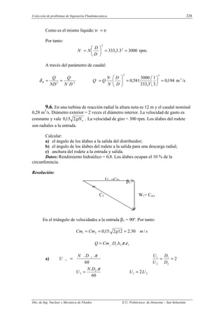 Colección de problemas de Ingeniería Fluidomecánica. 228
Dto. de Ing. Nuclear y Mecánica de Fluidos E.U. Politécnica de Donostia – San Sebastián.
Como es el mismo líquido: υ
υ =
,
Por tanto:
3000
3
.
3
,
333 2
2
,
,
=
=






=
D
D
N
N rpm.
A través del parámetro de caudal:
3
,
,
,
3
D
N
Q
ND
Q
R =
=
δ 194
,
0
3
1
3
,
333
3000
581
,
0
3
3
,
,
,
=






=








=
D
D
N
N
Q
Q m3
/s
9.6. En una turbina de reacción radial la altura neta es 12 m y el caudal nominal
0,28 m3
/s. Diámetro exterior = 2 veces el diámetro interior. La velocidad de gasto es
constante y vale n
gH
2
15
,
0 . La velocidad de giro = 300 rpm. Los álabes del rodete
son radiales a la entrada.
Calcular:
a) el ángulo de los álabes a la salida del distribuidor;
b) el ángulo de los álabes del rodete a la salida para una descarga radial;
c) anchura del rodete a la entrada y salida.
Datos: Rendimiento hidraúlico = 0,8. Los álabes ocupan el 10 % de la
circunferencia.
Resolución:
En el triángulo de velocidades a la entrada β1 = 90º. Por tanto:
s
m
g
Cm
Cm /
30
.
2
12
2
.
15
,
0
2
1 =
=
=
1
1
1 .
.
.
.
1
ε
π
b
D
Cm
Q =
a)
60
.
. 1
1
π
D
N
U = 2
2
1
2
1
=
=
D
D
U
U
60
.
. 2
2
π
D
N
U = 2
1 .
2U
U =
U1 =Cu1
α1
C1 W1= Cm1
β1
 