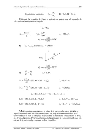Colección de problemas de Ingeniería Fluidomecánica. 229
Dto. de Ing. Nuclear y Mecánica de Fluidos E.U. Politécnica de Donostia – San Sebastián.
Rendimiento hidráulico:
n
e
h
H
H
=
η He =0,8 . 12 = 9,6 m
Utilizando la ecuación de Euler y teniendo en cuenta que el triángulo de
velocidades a la entrada es rectángulo:
U1 = Cu1
g
Cu
U
He
1
1.
=
81
,
9
.
6
,
9 1
1 U
U
= U1 = 9,70 m/s
º
34
,
13
70
,
9
30
,
2
arctg
1 =
=
α
b) U1 = 2.U 2 . Por tanto:U 2 = 4,85 m/s
º
37
,
25
85
,
4
30
,
2
arctg
2 =
=
β
c)
2
1
2
1
D
D
U
U
= D1 = 2 . D 2
60
.
. 1
1
π
D
N
U = 9,70 . 60 = 300 . D1 . D1 = 0,618 m.
60
.
. 2
2
π
D
N
U = 0,49 . 60 = 300 . D2 . D 2 = 0,309 m.
ε
π.
.
.
. 2
1
1 b
D
Cm
Qu = = Cm 2 . D2 . b 2 . π . ε
0,28 = 2,30 . 0,618 . b1 . . 0,9 b1 = 0,0697 m= 69,7 mm
0,28 = 2,30 . 0,309 . b 2 . . 0,9 b 2 = 0,1394 m = 139,4 mm
9.7. Un manómetro colocado a la salida de la turbobomba marca 438 kPa; el
líquido circulante tiene una densidad relativa s = 0,95 y la altura manométrica de la
turbobomba es 48 mcl; la diferencia de cotas entre el manómetro y vacuómetro es de 0,5
m a favor del primero. Determinar la magnitud que marcará el vacuómetro colocado a la
entrada de la turbobomba expresada en Torr (mmcHg).
U
2
Cm2
W2
β2
 