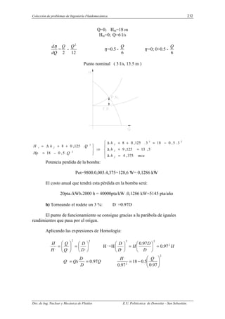 Colección de problemas de Ingeniería Fluidomecánica. 232
Dto. de Ing. Nuclear y Mecánica de Fluidos E.U. Politécnica de Donostia – San Sebastián.
Q=0; Hm=18 m
Hm=0; Q=6 l/s
dQ
dη
=
2
Q
-
12
2
Q
η =0.5 -
6
Q
η =0; 0=0.5 -
6
Q
Punto nominal ( 3 l/s, 13.5 m )





=
∆
=
+
∆
−
=
+
+
∆
⇒





−
=
+
+
∆
=
mca
h
h
h
Q
Hp
Q
h
H
f
f
f
f
i
375
,
4
5
,
13
125
,
9
3
.
5
,
0
18
3
.
125
,
0
8
.
5
,
0
18
.
125
,
0
8
2
2
2
2
Potencia perdida de la bomba:
Pot=9800.0,003.4,375=128,6 W= 0,1286 kW
El costo anual que tendrá esta pérdida en la bomba será:
20pta./kWh.2000 h = 40000pta/kW .0,1286 kW=5145 pta/año
b) Torneando el rodete un 3 %: D,
=0.97D
El punto de funcionamiento se consigue gracias a la parábola de iguales
rendimientos que pasa por el origen.
Aplicando las expresiones de Homología:
2
,
2
,
, 





=








=
D
D
Q
Q
H
H
H,
=H H
D
D
H
D
D 2
2
2
,
97
.
0
97
.
0
=






=






Q
D
D
Qx
Q 97
.
0
,
,
=
=
2
,
2
,
97
.
0
5
.
0
18
97
.
0 







−
=
Q
H
 